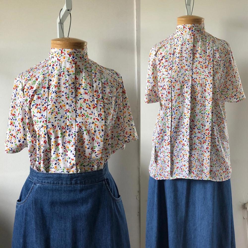 Vintage 80s Multicolor Floral Blouse - Short Sleeve Rainbow Top, Anne Klein